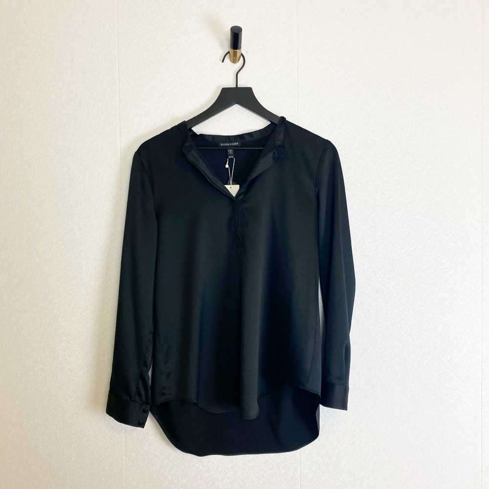 Eileen Fisher Mandarin Collar Satin Henley Popover Blouse Long Sleeve V-Neck